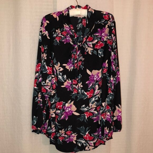 EVRI 2X Black Fuchsia Pink Green Wt Floral Neck Tie Long Sleeve Pullover Blouse - Picture 3 of 14
